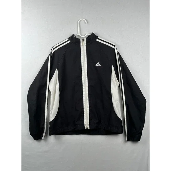 Adidas Track Jacket Womens XL Black White Full Zip 3-Stripe Lightweight Athletic