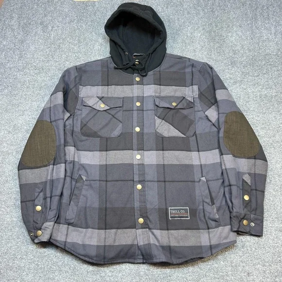 Troll Co Jacket Mens Large Gray Plaid Flannel Hooded Sherpa Lined Parka Snap