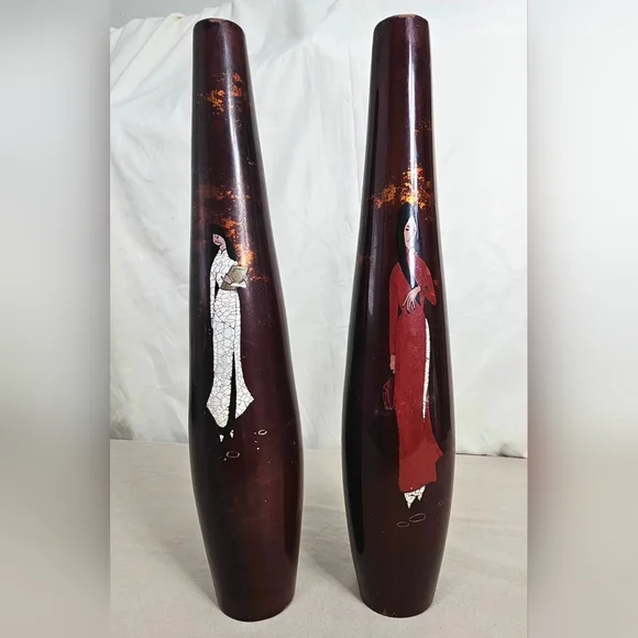 Vintage Vietnam Handicraft Lacquerware Vases Set of 2 Ao Dai Eggshell Inlay Arts