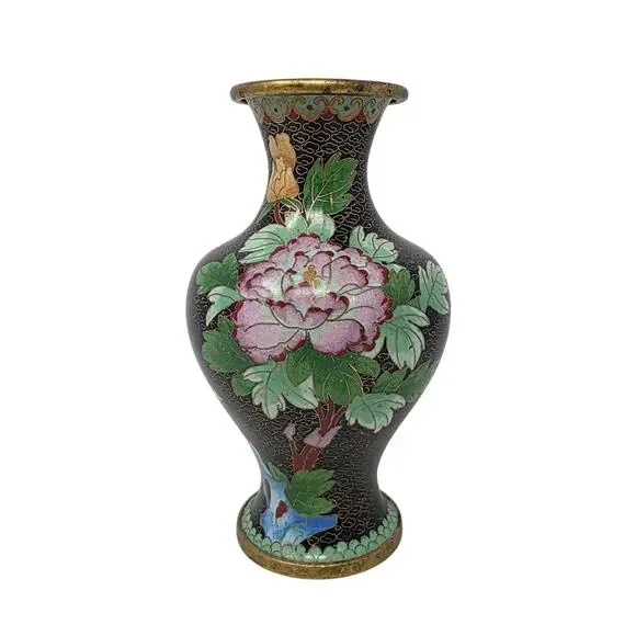 Vintage Zi Jin Cheng Chinese Cloisonné Vase Peony Butterfly 7 Inch