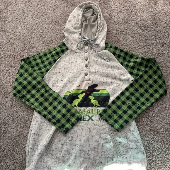 Dinosaur Graphic Hoodie with Checkered Sleeves Size L