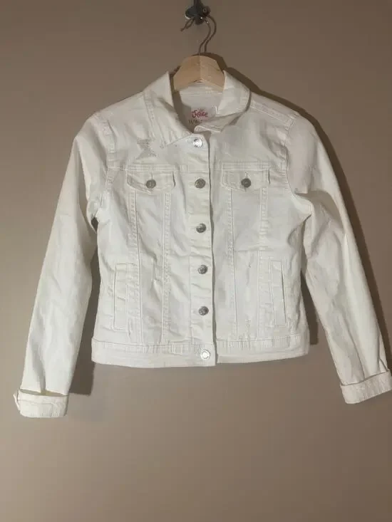 Justice Girls Denim Jacket White 14/16 Distressed Front Buttons Pockets