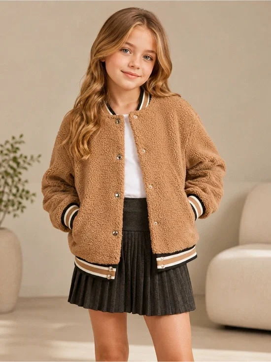 Grace Karin Tan Sherpa Jacket with Button Front