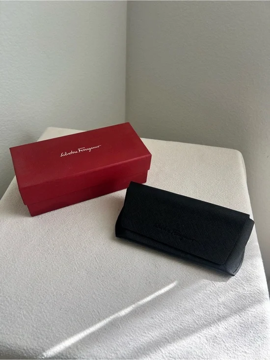 Salvatore Ferragamo Black Leather Sunglasses Case with Red Box