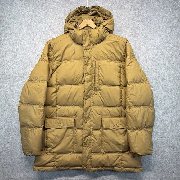 LL Bean Goose Down Parka Jacket Mens XL Brown Hooded Puffer