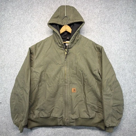 Vintage Carhartt Jacket Mens 2XL Green Faded Duck Hooded J130 ARG Quilted