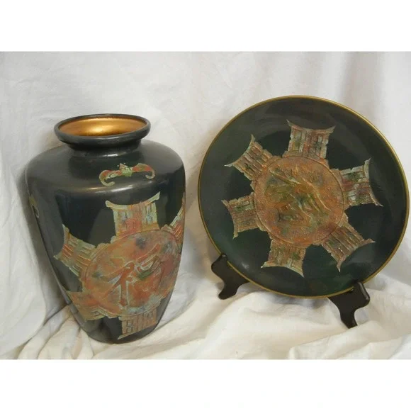Asian design Vase‎ platter set Good Fortune symbol oriental style Vintage