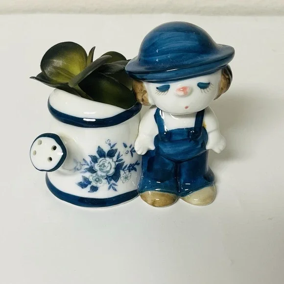 Vintage Boy In Blue Hat & Suspenders w/ Watering Can Miniature Planter Vase
