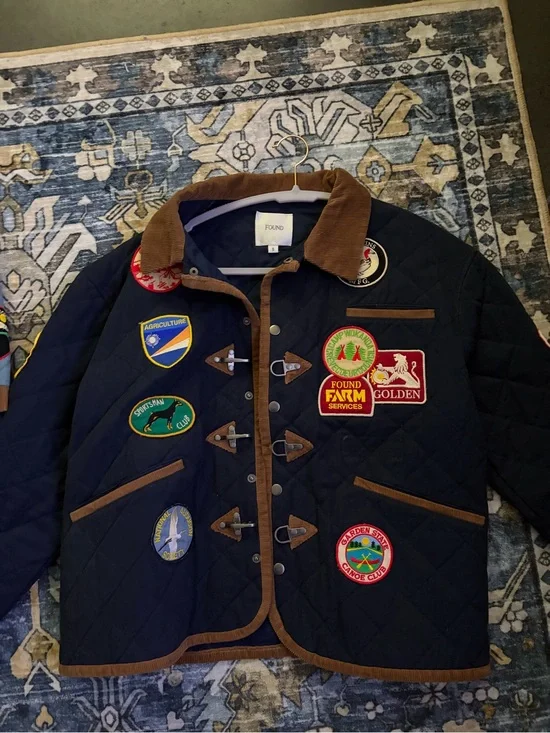 Found Quilted Navy Field Jacket with Brown Trim and Patchwork