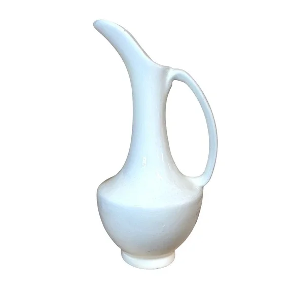 Vintage White Ceramic Pitcher Mid Century Modern Sleek Tall Spout Deco Vase‎