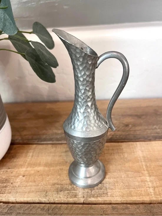 Vintage Heavy TKF Handmade Indonesia Hammered Pewter Ewer Pitcher