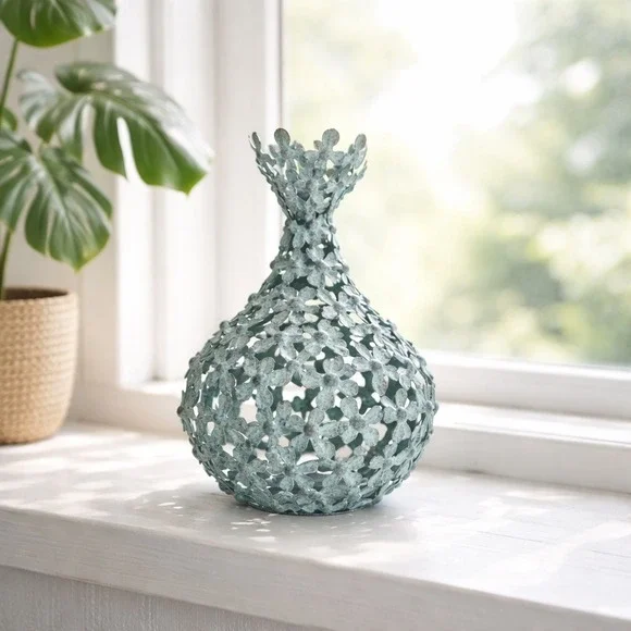 Verdigris‎ Metal 3D Floral Cutout Wabi-sabi Vase Patina Flower Teal Filigree