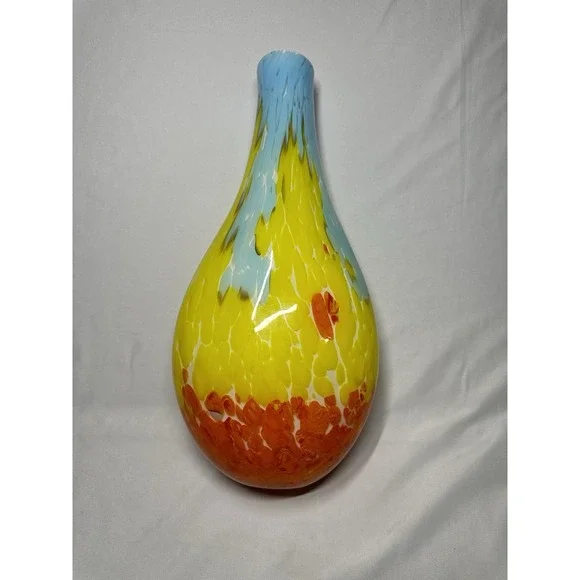 MCM Large Vintage Italian Art Glass Vase blue Yellow‎ Orange Fire & Water flame