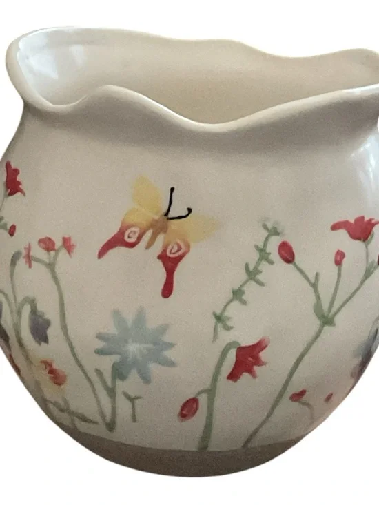 Floral Ceramic Planter with Butterfly Accent - Cream and Red