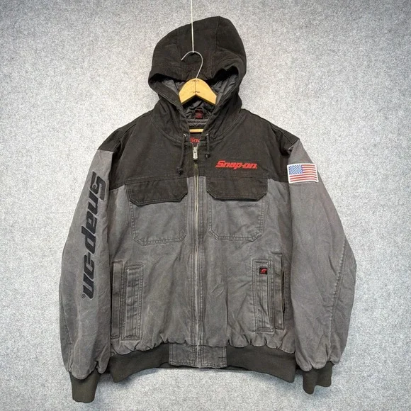 Vintage Snap On Tools Canvas Hooded Full Zip Jacket Black Mens Size XL Heavy