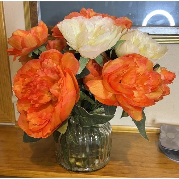 LARGE ASSORTED SILK FLOWERS CLEAR‎ GLASS FAUX WATER CENTERPIECE VASE 15