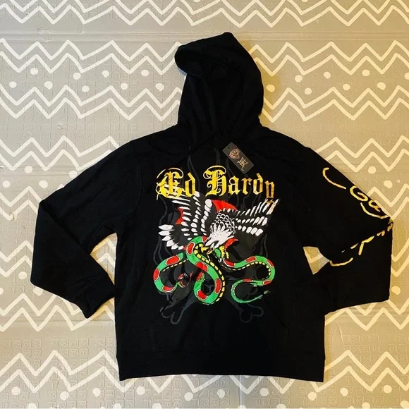 Ed Hardy Black Hoodie with Vibrant Graphic