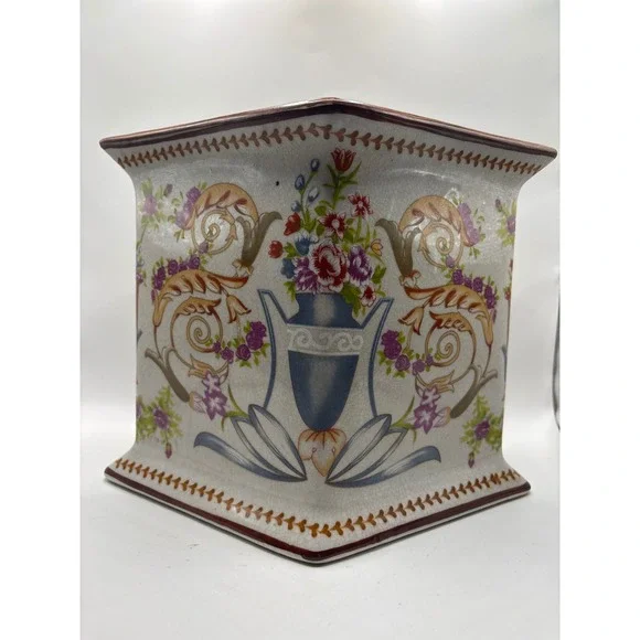 Vintage French Floral Ceramic Diamond Planter Vase Crackle Glaze Shabby Chic