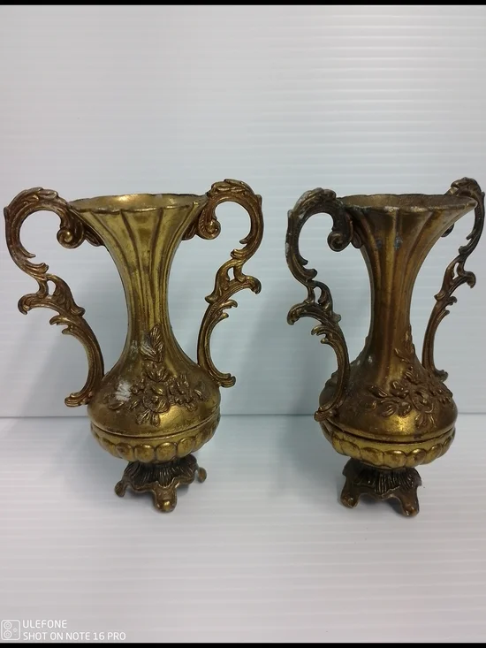 Gold Ornate Double-Handled Accent Vases - Pair