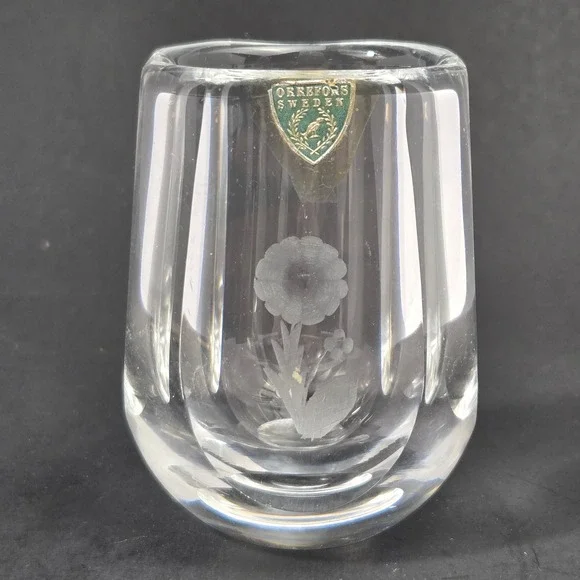 Orrefors Sweden Crystal Bud Vase Etched Flower Signed Vintage Glass 2.75