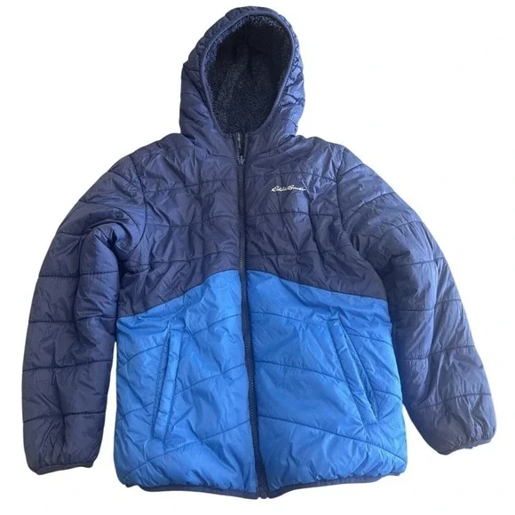 Eddie Bauer Reversible Hooded Puffer Fleece Jacket Youth Boys M (10/12) Blue EUC
