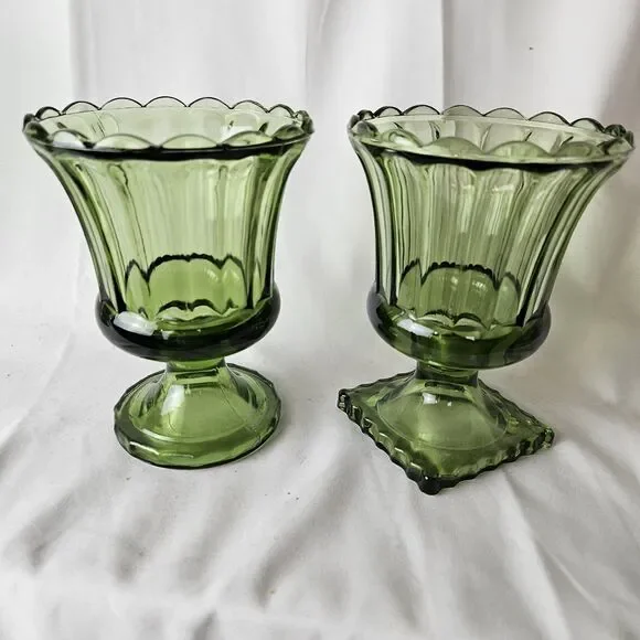 VTG Pressed Indiana Avocado Green Glass/Square Pedestal 6” X 4.5” Set Of 2