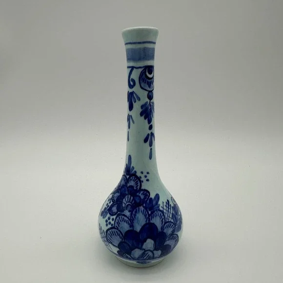 Michelotti Delft Blue Bud Vase Hand Painted Holland Floral Porcelain 6 Inch