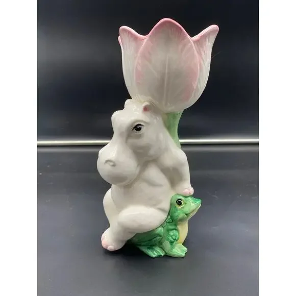 Vintage Taste Setter by Sigma Ceramic Hippopotamus Sitting on Frog w/ Tulip Vase