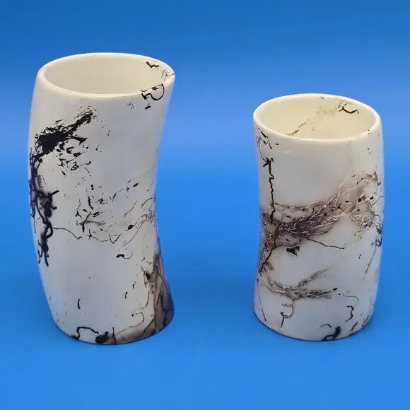 Pair Handmade Horsehair Raku Ceramic Vases Signed Studio Pottery Abstract