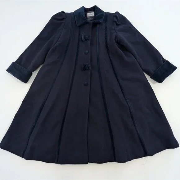 Vintage Rothschild Pea Coat Girls 10 Navy Blue Wool Dress Velvet Collar Overcoat