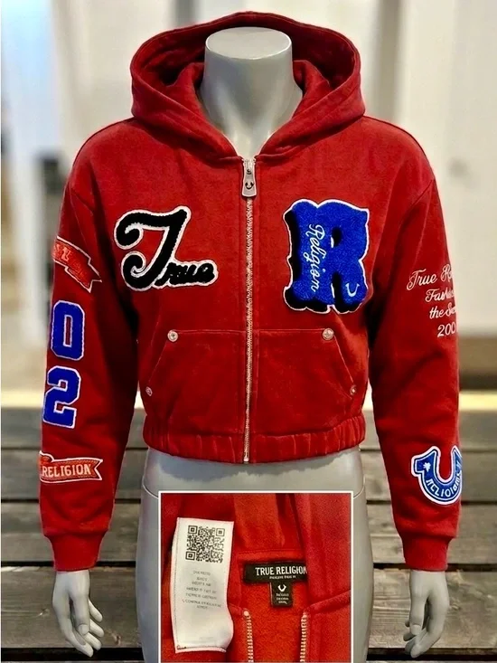 True Religion Crystal Patch Varsity Hoodie - Red Dahlia Cropped Zip Up XS