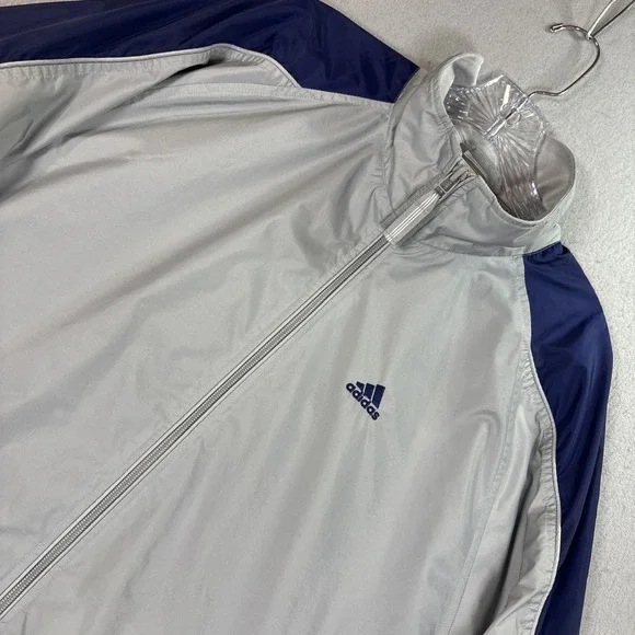 Adidas Windbreaker Track Jacket Men Gray/ Blue 3 Stripe Full Zip Mesh Small
