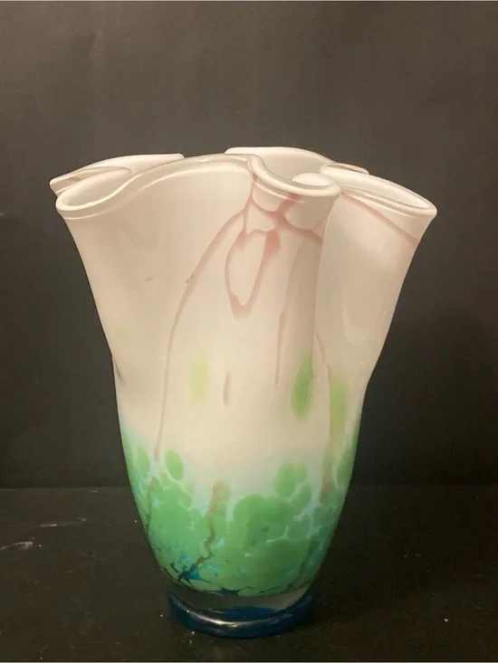 Handblown Art Glass Handkerchief 10”Green,Teal,grey Large Vase