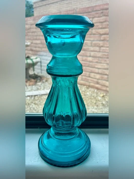 San Miguel Large Teal Blown Glass Pillar Candle Holder 12”