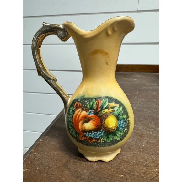 Vintage Yellow Ceramic Fruit Pitcher Gold Handle Small Decorative Vase 5 Inch