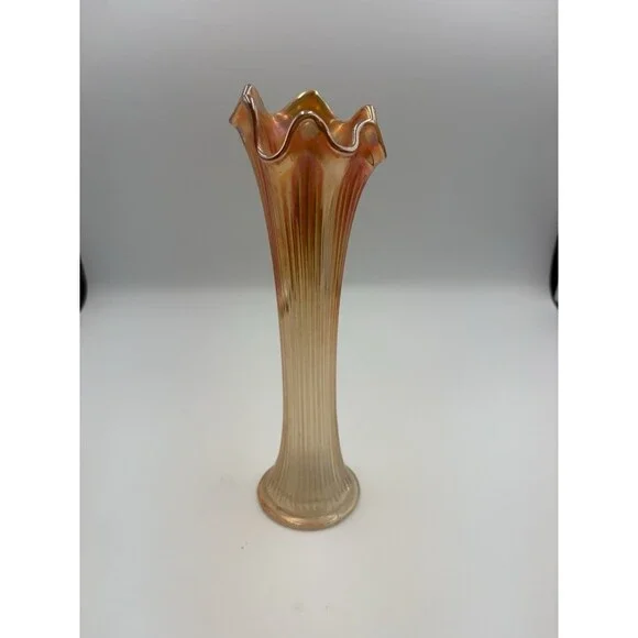 Vtg Marigold Carnival Glass Swung Tall Vase Wide Mouth Ribbed Ombre 10”