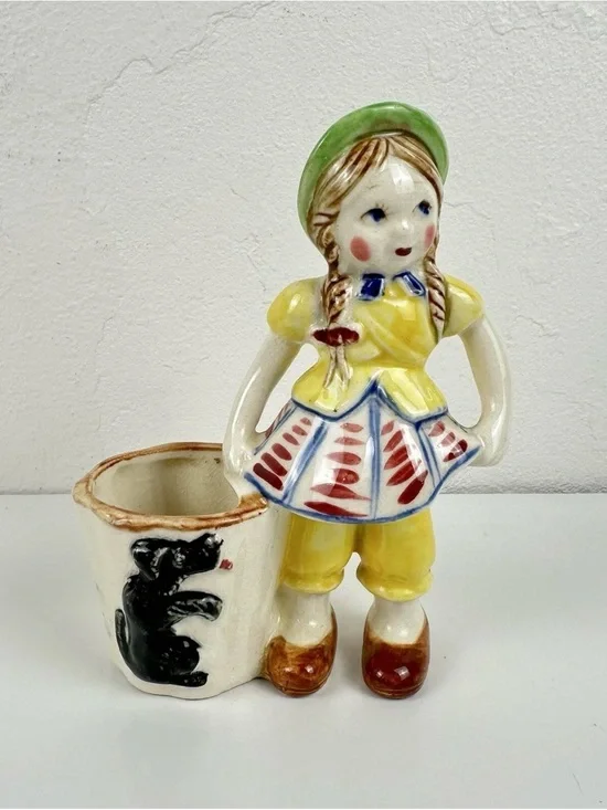 Occupied Japan Girl & Dog Basket Ceramic Mini Planter