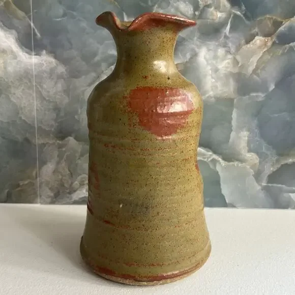 Studio Art Pottery Vase Handmade Vase Red Orange Green Mix Speckled 7.5