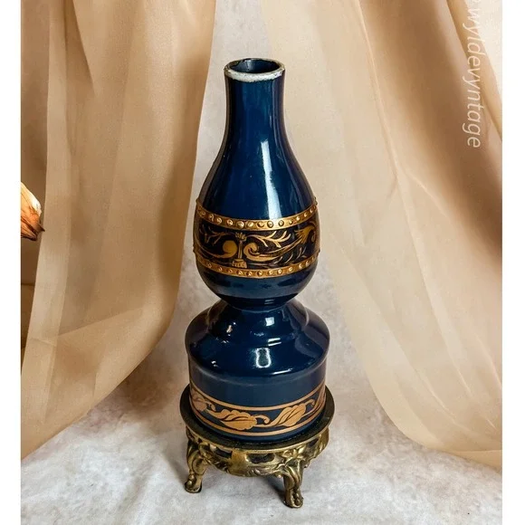 Cobalt Blue and Gold Porcelain Toya Vase‎ on Brass Stand