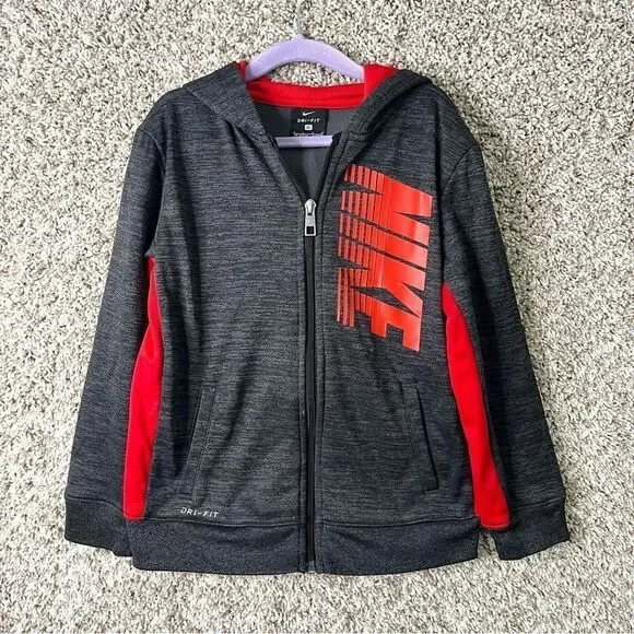 Nike Jacket Boys 7/Large Dri-Fit Dark Gray and Red Zip Up Training‎ Hooded