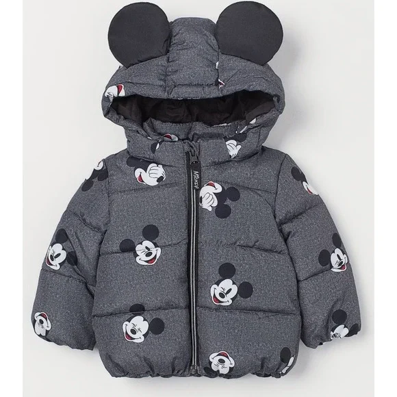 H&M Disney Mickey Mouse Puffer Jacket‎ Grey Hooded 3D Ears Toddler 18M Coat NWOT