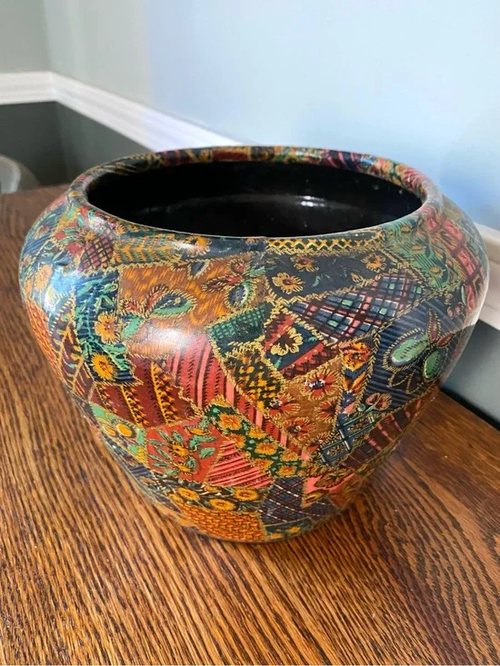 Vintage Multicolor Patchwork Floral Design Vase Colorful Boho Folk Art Vase
