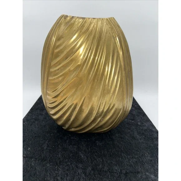 Large Solid Brass Vase Made In India Vintage Modern Gold Vessel Waves Patina