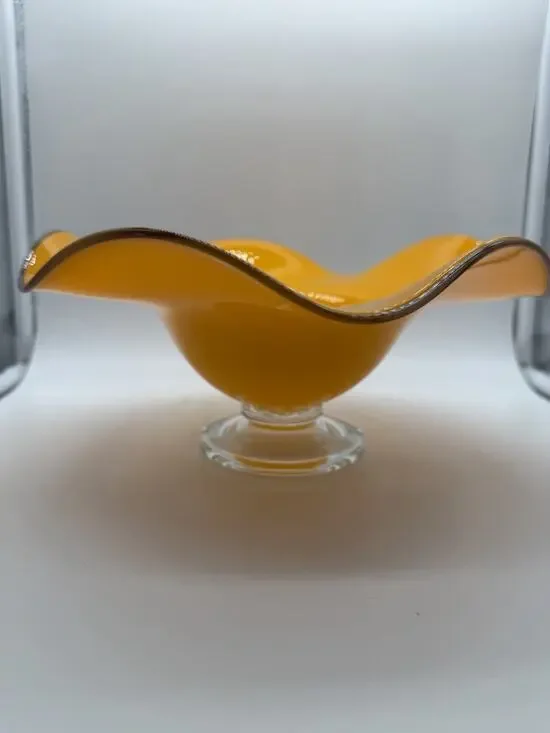 Teleflora MCM Orange Handblown Art Glass Ruffled Footed Compote Pedestal Bowl
