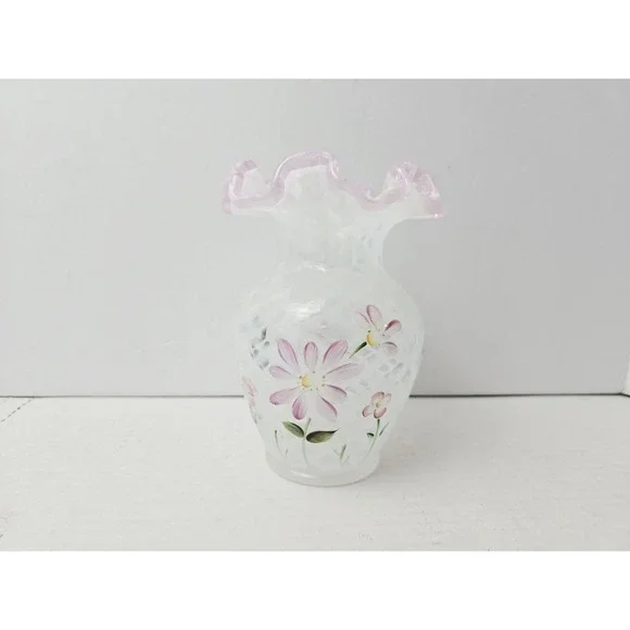 Fenton Glass vase painted flowers 5 3/4
