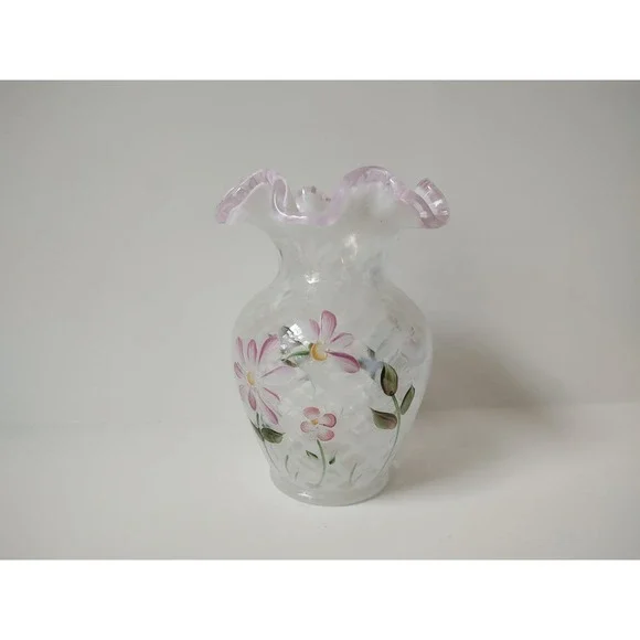 Fenton Glass vase painted flowers 5 3/4