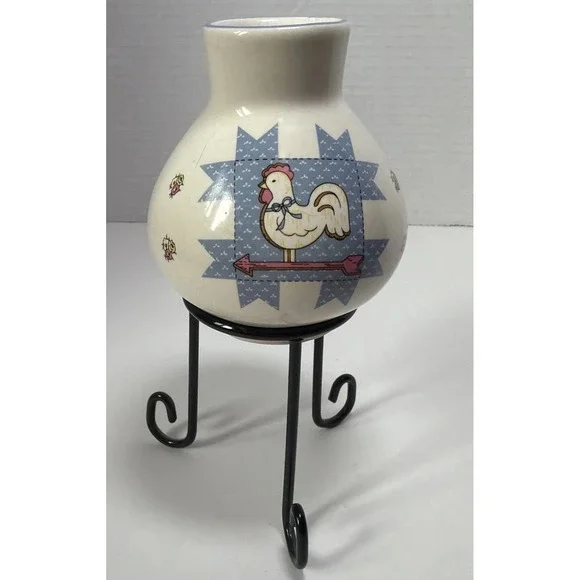Small Rooster on an Arrow Bud Vase Blue Quilted Design With Flower Cottagecore