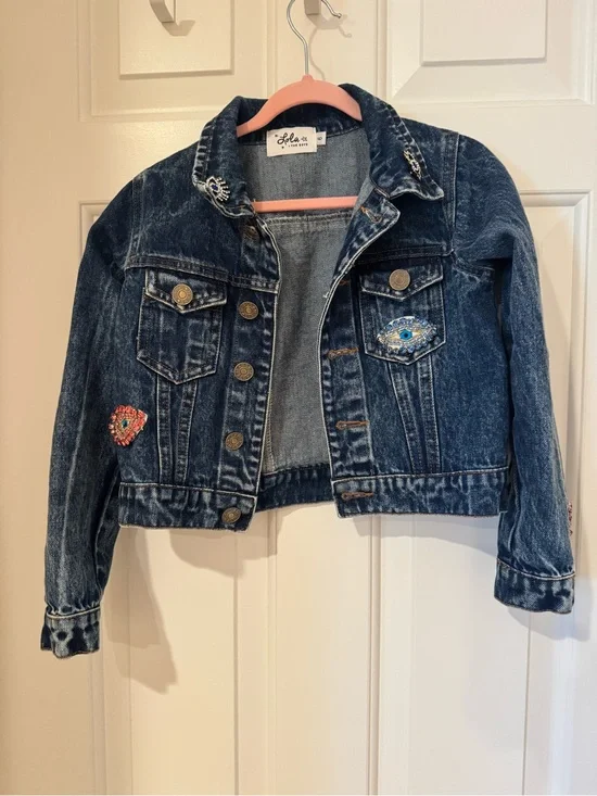 Lola + The Boys Dark Blue Denim Jacket with Evil Eye Embellishments