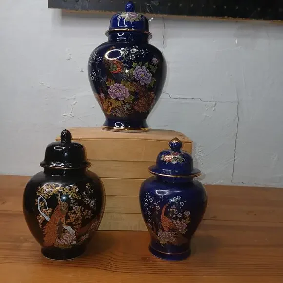 3 Cobalt Blue Vase Ginger Jar with Lid Floral Peacock Asian Decor Accent #54