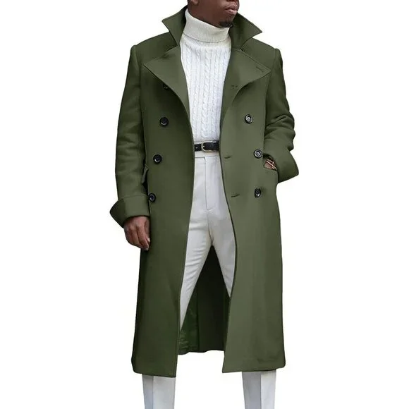 Men's Army Green Notch Lapel Double Breasted Trench Coat Cotton Blend Pea coat